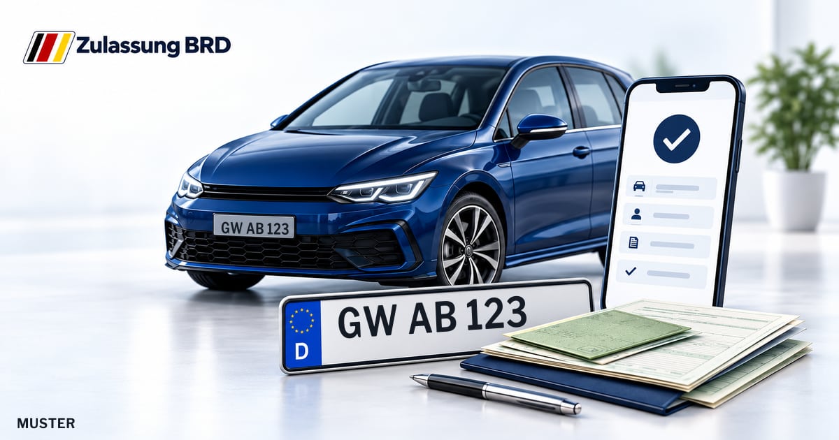 Online Fahrzeugzulassung in Landkreis Vorpommern-Greifswald: Musterkennzeichen GW AB 123, Auto und Fahrzeugpapiere und Smartphone. Illustration mit Logo von Zulassung BRD.